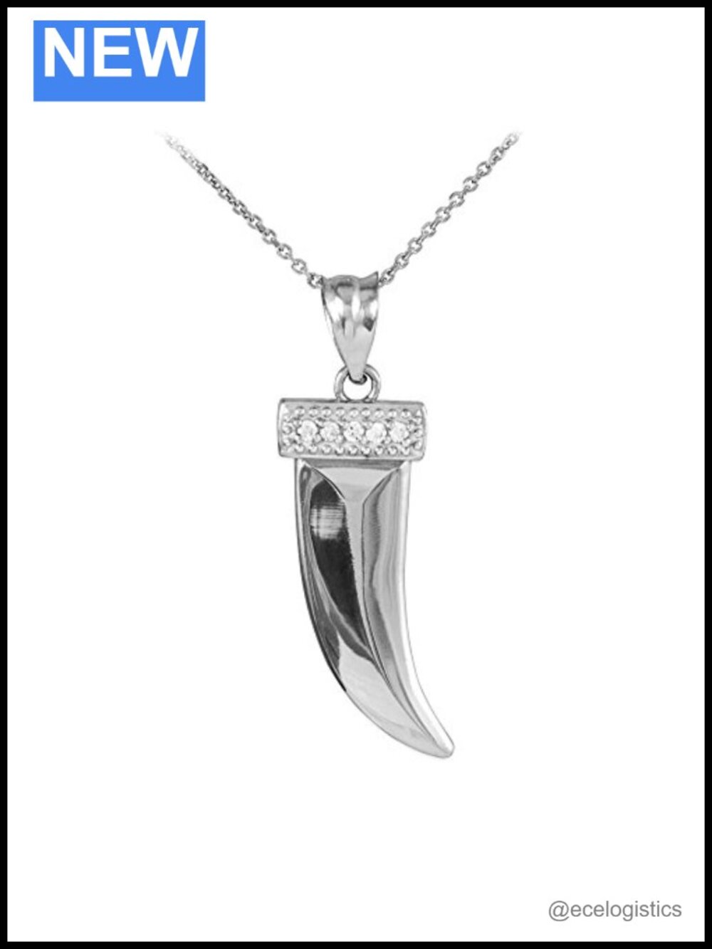 925 Sterling Silver Tiger Tooth Pendant Necklace CZ Charm 16"